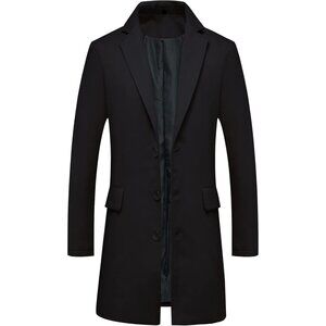 Men's Black Classic Wool Trench Overcoat Single Breasted Mid Long Wool Blend